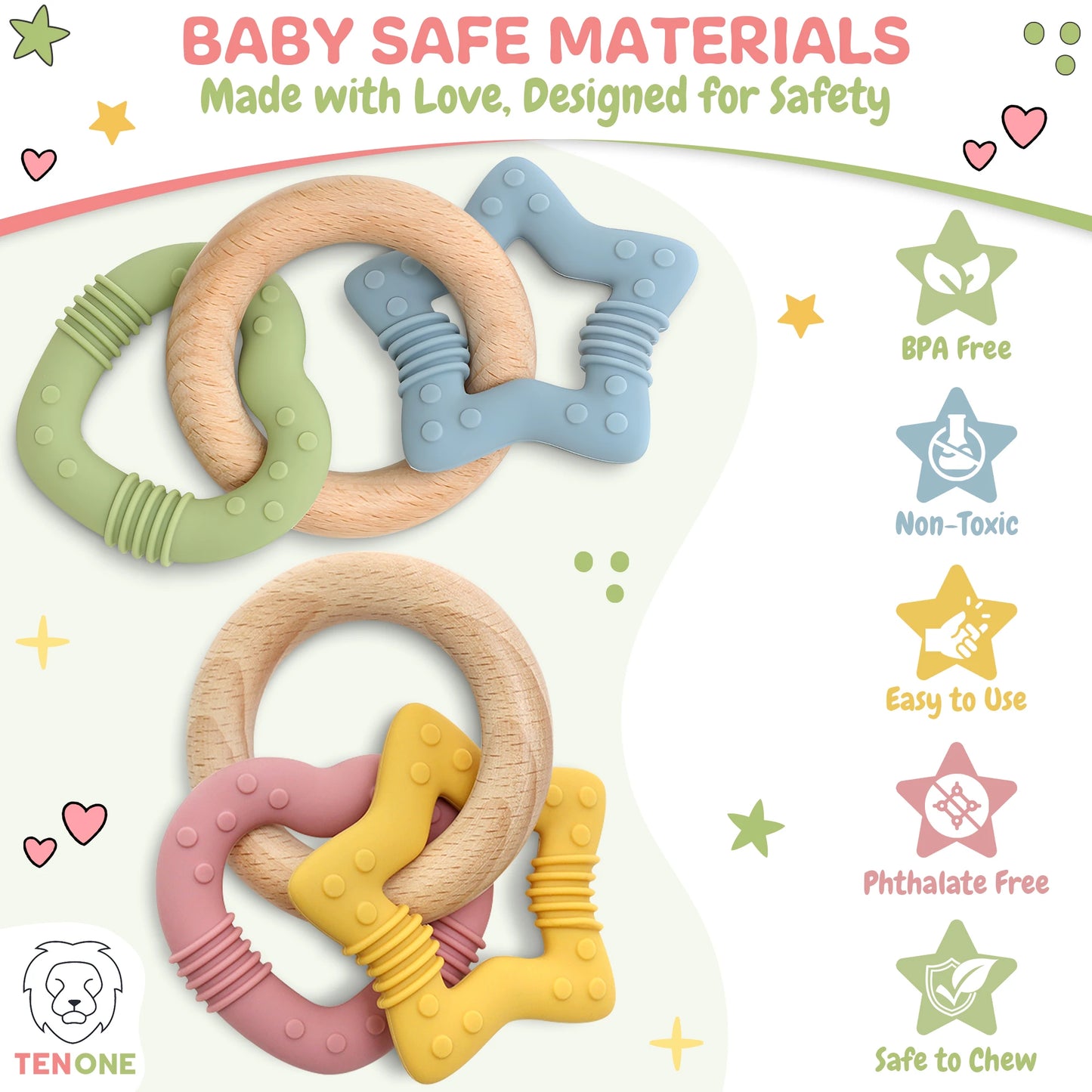 TenOne® Wooden & Silicone Star Teething Ring – BPA-Free, Safe Natural Baby Teether Toy (Pink/Blue)