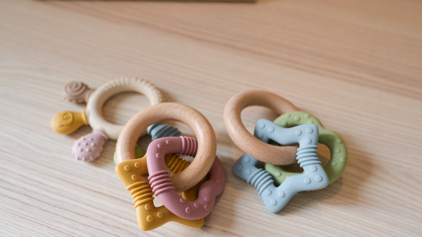 TenOne® Wooden & Silicone Star Teething Ring – BPA-Free, Safe Natural Baby Teether Toy (Pink/Blue)