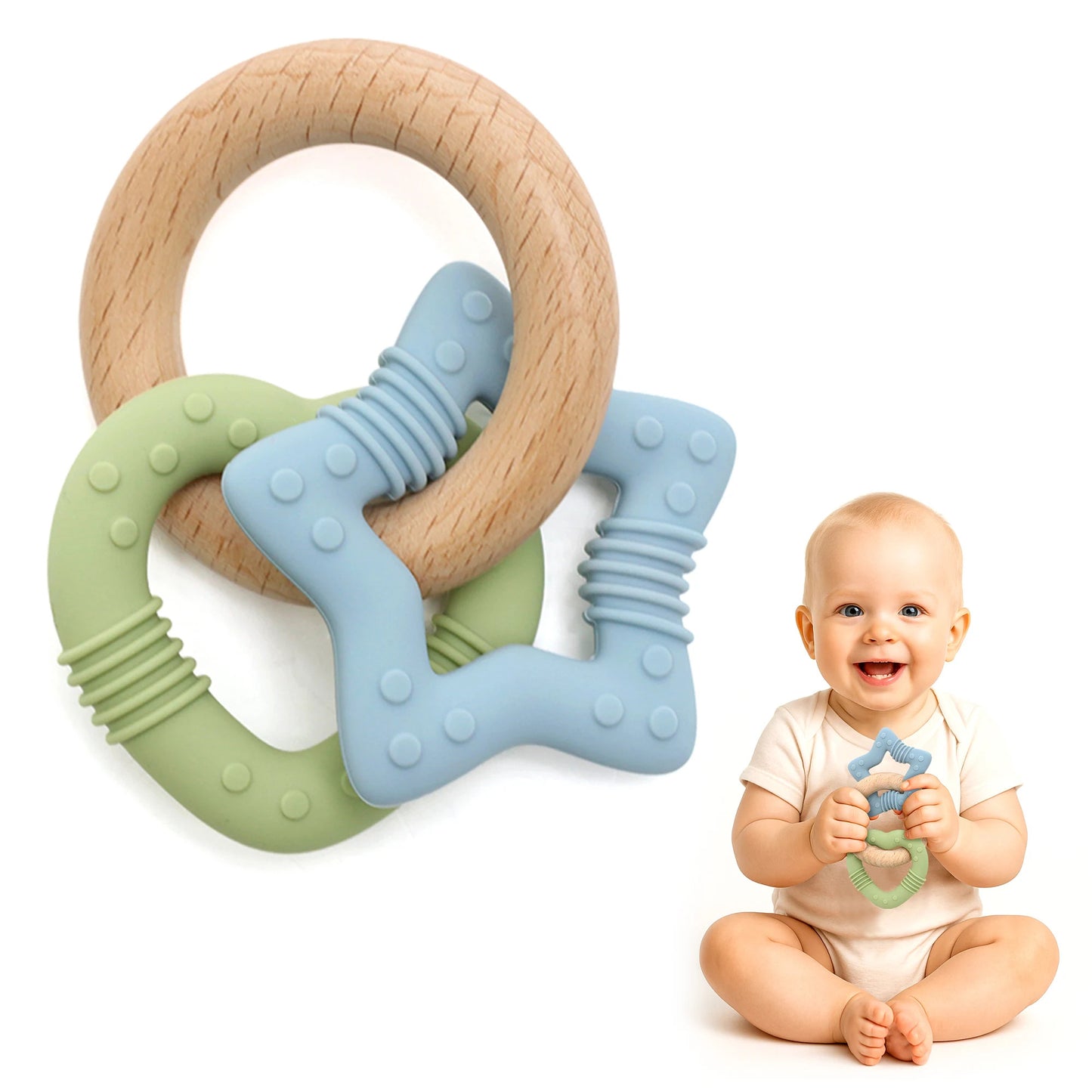 TenOne® Wooden & Silicone Star Teething Ring – BPA-Free, Safe Natural Baby Teether Toy (Pink/Blue)