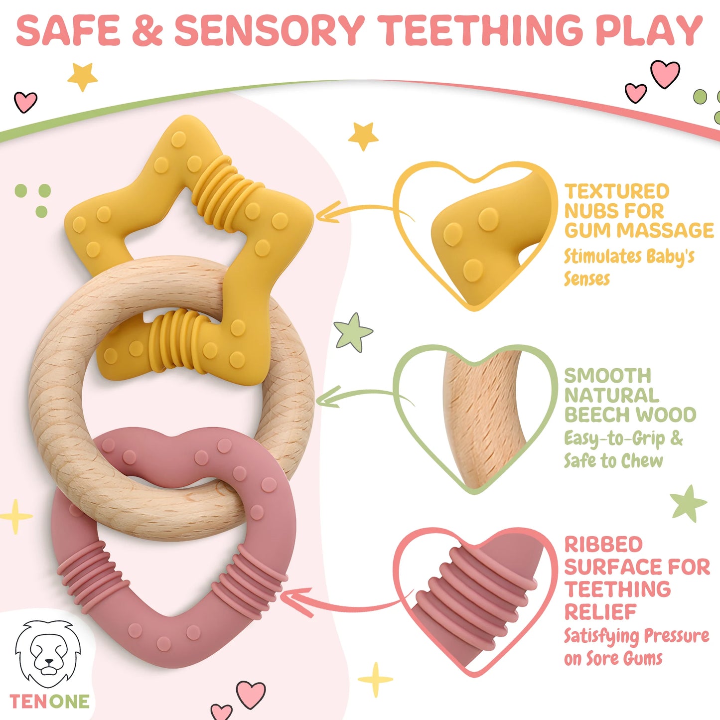 TenOne® Wooden & Silicone Star Teething Ring – BPA-Free, Safe Natural Baby Teether Toy (Pink/Blue)