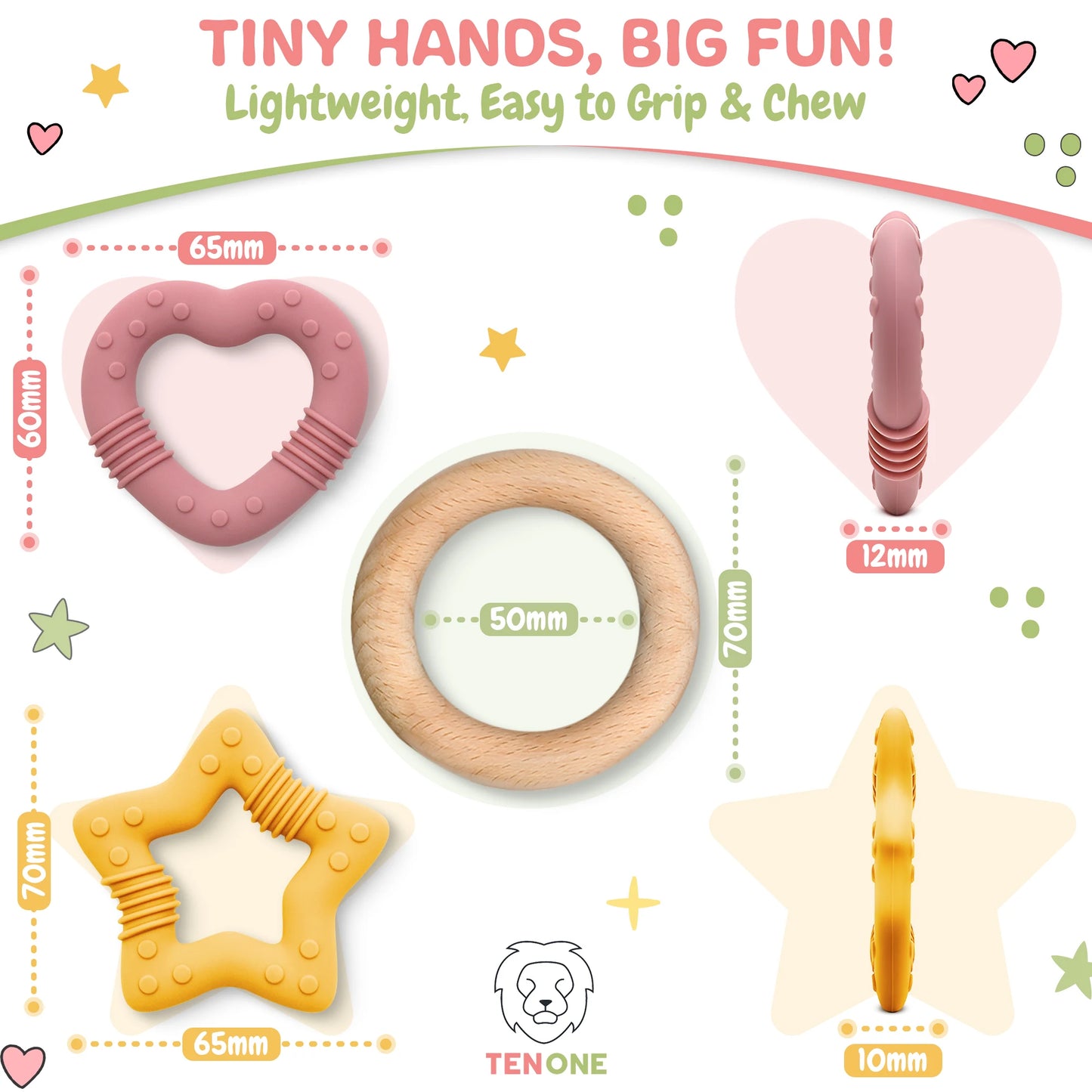 TenOne® Wooden & Silicone Star Teething Ring – BPA-Free, Safe Natural Baby Teether Toy (Pink/Blue)